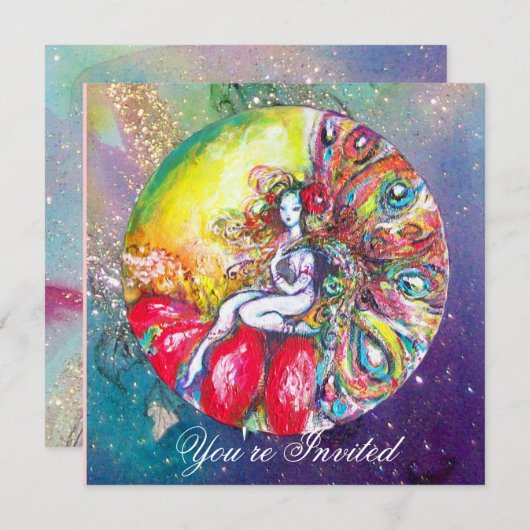 ティターニア、ピンクイエロー青赤のスパークル 招待状 (正面/裏面)