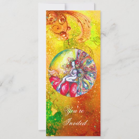 ティターニア、ピンクイエロー ブラウン ブルー グリーン レッドのスパークル 招待状 (正面)