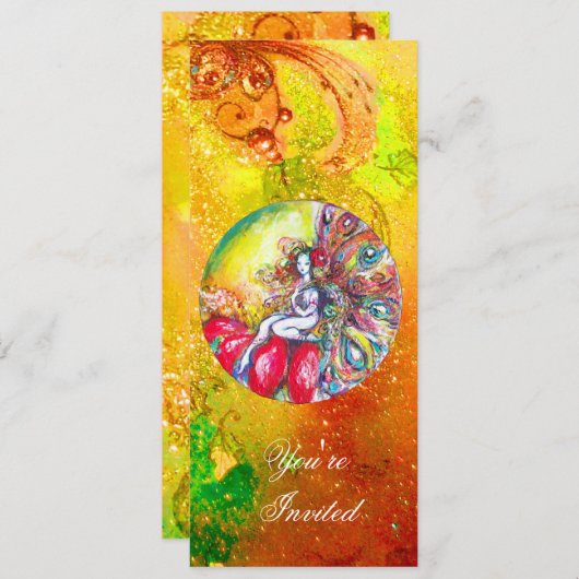 ティターニア，ピンク色の黄色の茶色の青い緑の赤いきらめき 招待状 (正面/裏面)