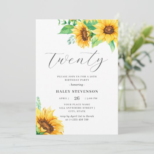 ティッシュイエローサンフラワーフローラ20誕生日 招待状 (スタンド正面)