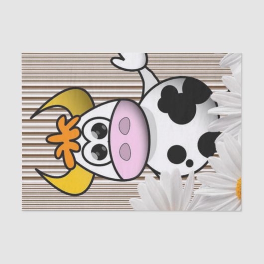 ティッシュペーパーカウブラウンストライプデイジー白フローラ 薄葉紙 (正面)