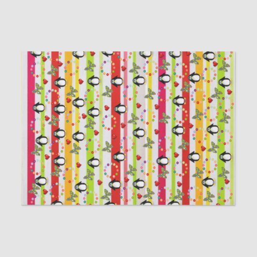 ティッシュペーパーストライプペンギン赤いハート 薄葉紙 (正面)