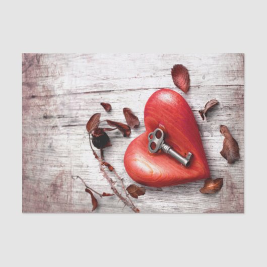 ティッシュペーパーラッピングカントリー木材鍵をハートに 薄葉紙 (正面)