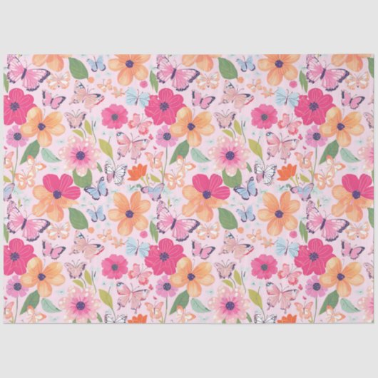 ティッシュペーパー、蝶と花ソフトピンク 薄葉紙 (正面)