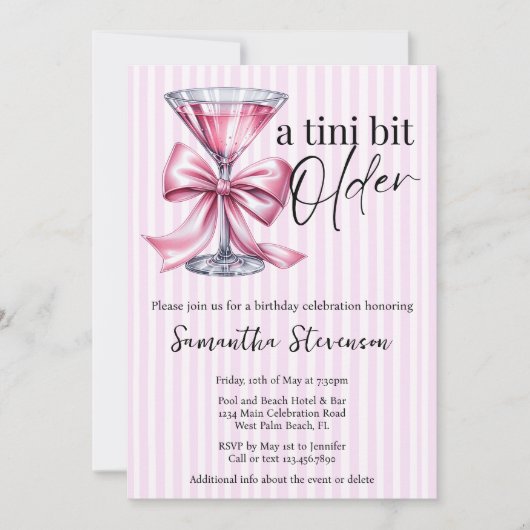 ティニは少し古いコケットのピンクボウ誕生日パーティー 招待状 (正面)