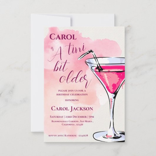 ティニビットより古いピンクマルティニカクテル誕生日 招待状 (正面)