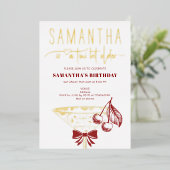 ティニ・ビット・オルダー・モダン・ボウ・チェリー・マーティニー・バースデー 箔招待状 (立ち正面)