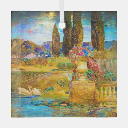 ティファニーのステンドグラスの窓の白鳥 ガラスオーナメント (正面)