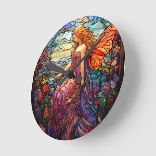 ティファニースタイルステンドグラス魔法の妖精 ラウンド壁時計 (傾斜)
