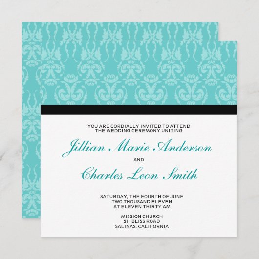 ティファニーティール(緑がかった色)ダマスクウエディング招待状 招待状 (正面/裏面)