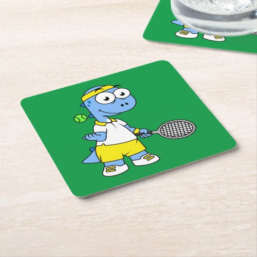 ティラノサウルスのレックステニス選手のイラストレーション。 スクエアペーパーコースター (アングル)