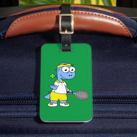 ティラノサウルスのレックステニス選手のイラストレーション。 ラゲッジタグ (正面インサイチュ2)