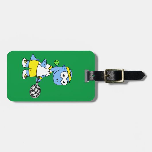 ティラノサウルスのレックステニス選手のイラストレーション。 ラゲッジタグ (正面横)