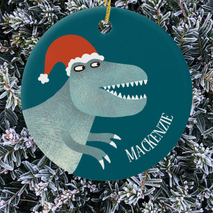 ティラノサウルスレックスクリスマスサンタハットパーソナライズされた セラミックオーナメント