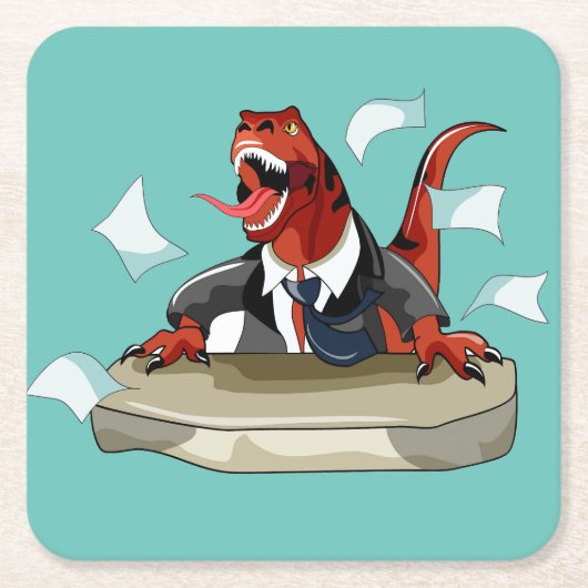 ティラノサウルスレックスボスは机に座っている。 スクエアペーパーコースター (正面)
