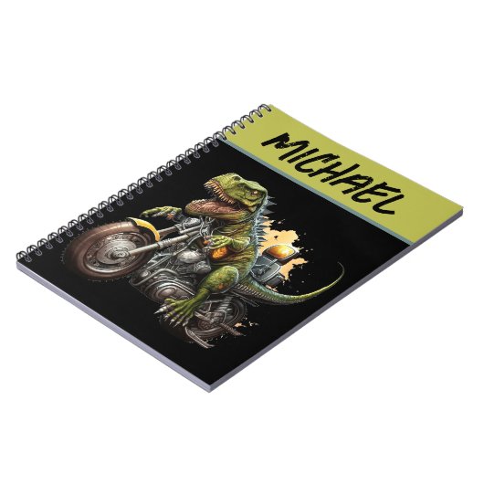 ティラノサウルスレックス恐竜がバイクに乗る ノートブック (左側)
