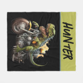 ティラノサウルスレックス恐竜がバイクに乗る フリースブランケット (正面(横))