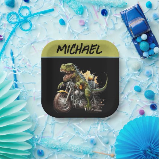 ティラノサウルスレックス恐竜がバイクに乗る ペーパープレート (パーティー)