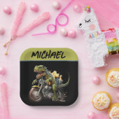 ティラノサウルスレックス恐竜がバイクに乗る ペーパープレート (パーティー)