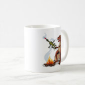 ティラノサウルスレックス料理のキャンプファイヤーの上の食べ物。 コーヒーマグカップ (正面右)