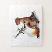 ティラノサウルスレックス料理のキャンプファイヤーの上の食べ物。 ジグソーパズル (縦)