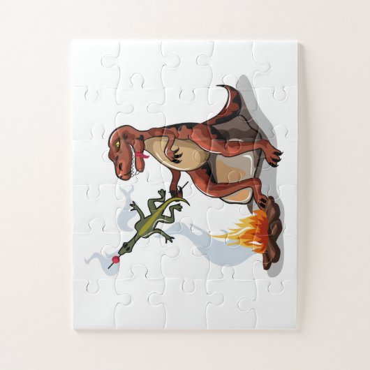 ティラノサウルスレックス料理のキャンプファイヤーの上の食べ物。 ジグソーパズル (縦)