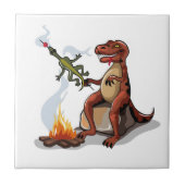 ティラノサウルスレックス料理のキャンプファイヤーの上の食べ物。 タイル (正面)