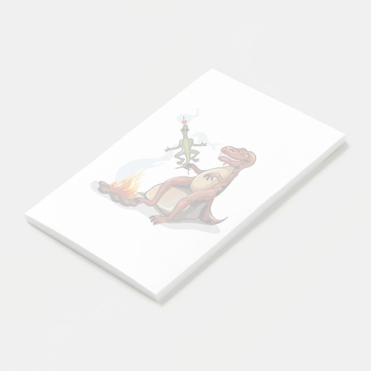 ティラノサウルスレックス料理のキャンプファイヤーの上の食べ物。 ポストイット (アングル)