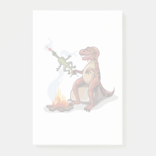 ティラノサウルスレックス料理のキャンプファイヤーの上の食べ物。 ポストイット (正面)