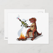 ティラノサウルスレックス料理のキャンプファイヤーの上の食べ物。 ポストカード (正面/裏面)