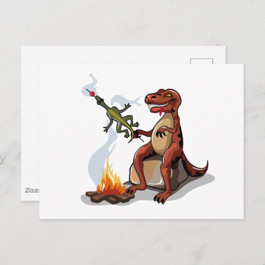 ティラノサウルスレックス料理のキャンプファイヤーの上の食べ物。 ポストカード (正面/裏面)