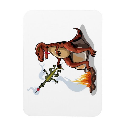 ティラノサウルスレックス料理のキャンプファイヤーの上の食べ物。 マグネット (縦)