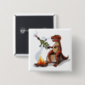 ティラノサウルスレックス料理のキャンプファイヤーの上の食べ物。 缶バッジ (正面&裏面)