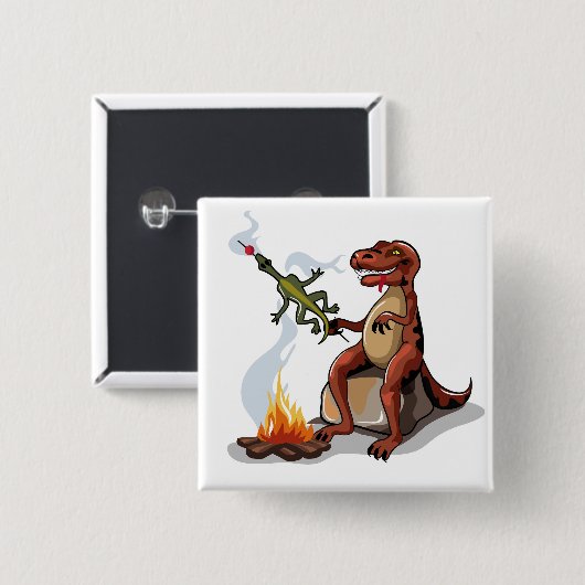 ティラノサウルスレックス料理のキャンプファイヤーの上の食べ物。 缶バッジ (正面&裏面)