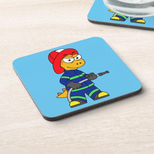 ティラノサウルスレックス消防士のイラストレーション。 コースター (左側)