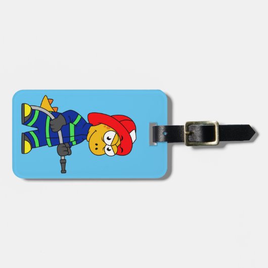 ティラノサウルスレックス消防士のイラストレーション。 ラゲッジタグ (正面横)