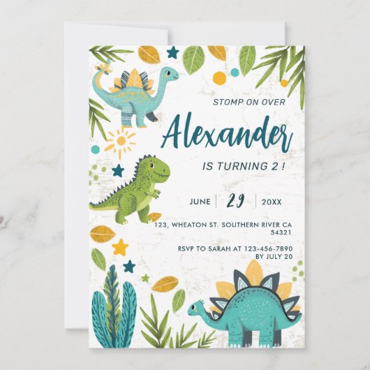 ティラノサウルス恐竜の子供たちを踏み越える誕生日 招待状 (正面)