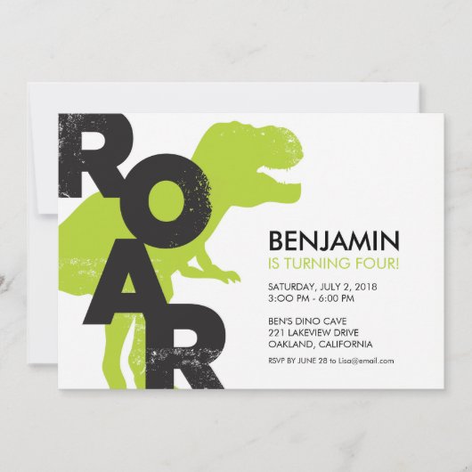 ティラノサウルス恐竜の誕生日パーティーの招待 招待状 (正面)