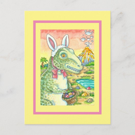 ティラノサウルス、かわいいTレックス、イースターバニーDINO シーズンポストカード (正面)