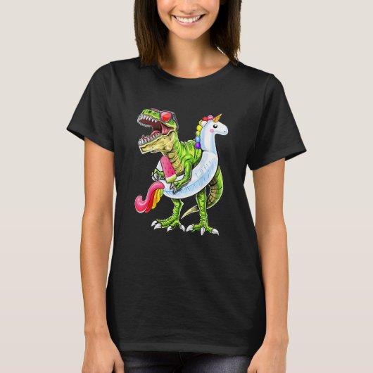 ティラノサウルス+ユニコーン+浮き輪+プールパーティー Tシャツ (正面)