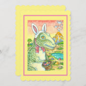 ティラノサウルス、可愛いTレックス、イースターバニーDINOフラット シーズンカード (正面/裏面)