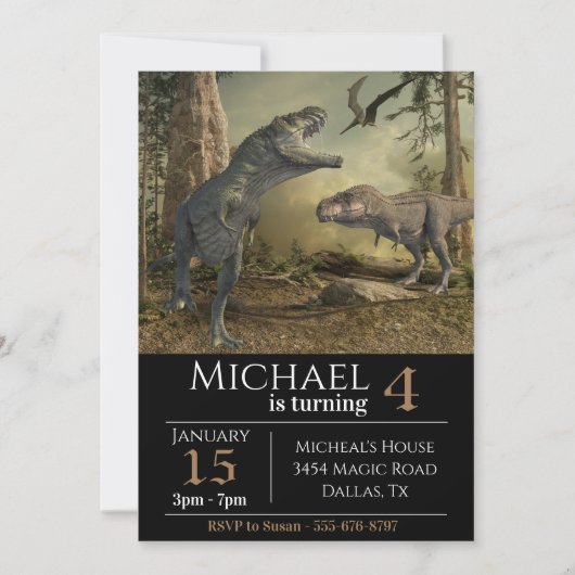 ティラノサウルスTレックス恐竜の誕生日パーティー 招待状 (正面)