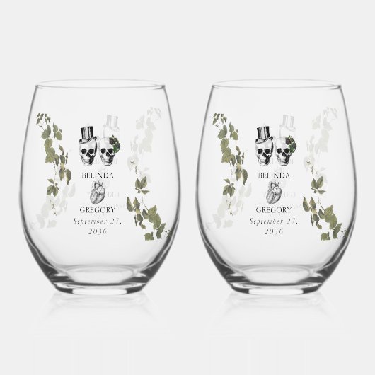 ティルデスゴシックハートフローラスカル結婚式の引き出物 ステムなしワイングラス (正面)