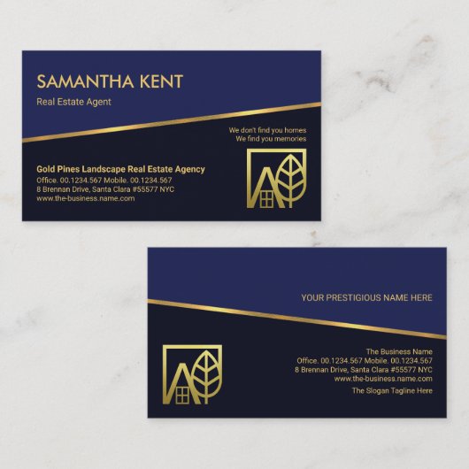 ティルト金ゴールドライン青レイヤ不動産仲介業者実在領域 名刺 (正面/裏面)