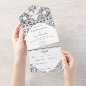 ティルビクトリアンデス白黒結婚ズノーディナー オールインワン招待状 (貼ってはがせる)