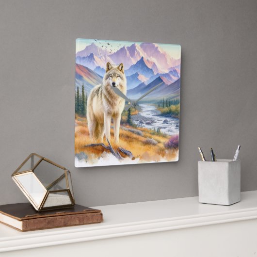 ティンバーウルフ自然 スクエア壁時計 (オフィス)