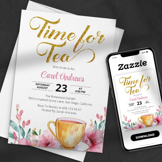 ティーウォーターカラー金ゴールドグリッターブライダルシャワー 招待状