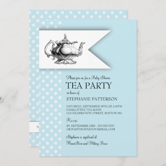ティーエレガント水玉模様ボーイベビーシャワーティーパーティー 招待状 (正面/裏面)