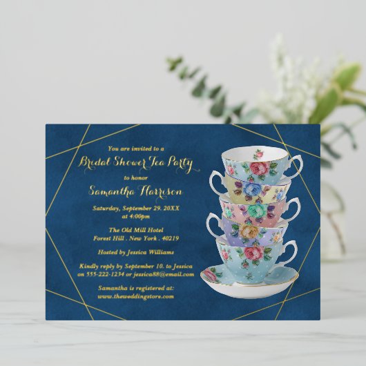 ティーカエレガントップブライダルシャワーティーパーティー実在 箔招待状 (立ち正面)