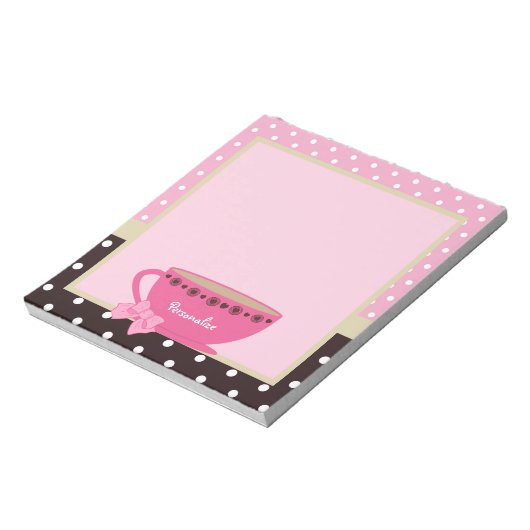ティーカガーリーップピンクと茶色の水玉模様の弓と名前 ノートパッド (回転)